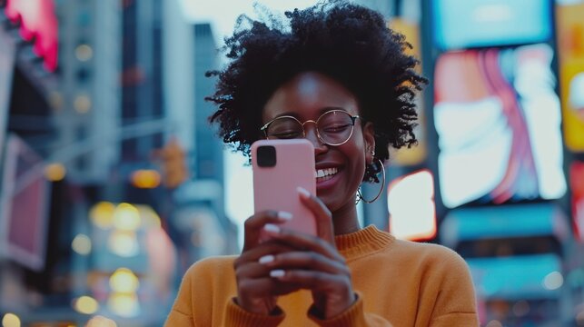 Close up shot of optimistic Afro American woman holds mobile phone being addicted to modern