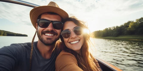 Poster couple in love on a boat selfie Generative AI © Evghenii