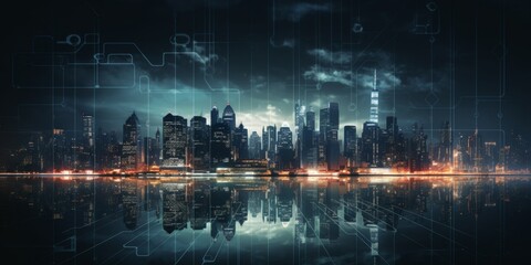 Fototapeta na wymiar night city with skyscrapers digitalization Generative AI