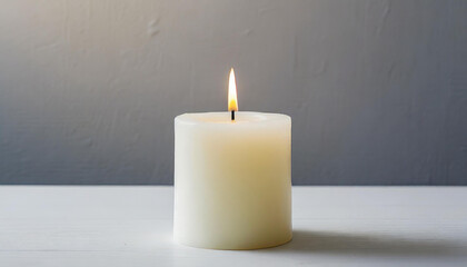 Fototapeta na wymiar White burning candle white table. Gray backdrop.