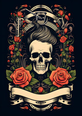 Vintage poster design with a skull, hair scissors and roses for barbershop