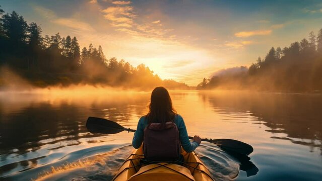 Rear view of an adventurous woman paddling through pristine waters, savoring the freedom of the outdoors.