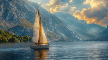 Sailboat Cruising on Lake with Sails Full of Wind