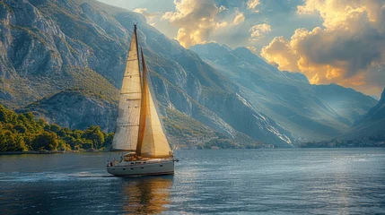 Rolgordijnen Sailboat Cruising on Lake with Sails Full of Wind © desinko