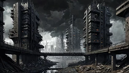 Fotobehang An evocative digital painting depicts a dystopian urban landscape in decay, with stark structures and a brooding sky © video rost