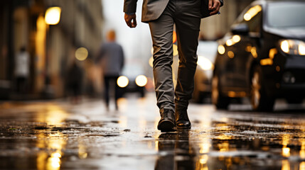 Street photo of the feet of a businessman walking down the road. Perfect dynamic action...