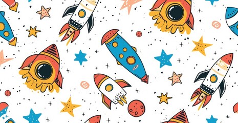 Cartoon space rockets and stars on white - Quirky and fun pattern of cartoon space rockets and stars on a white background, exuding playfulness and creativity