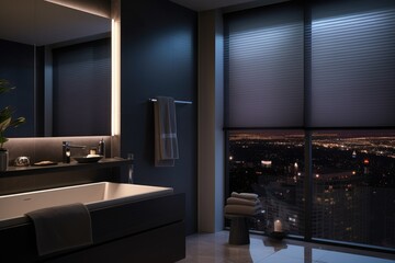 Modern bathroom at night with smart blinds and city view