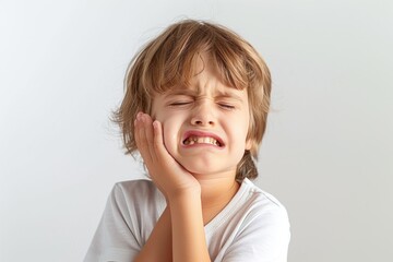 Boy suffering from toothache, touching his cheek feeling painful.
