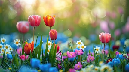 Blooming Beauty: A Vibrant Display of Spring Flowers in Full Bloom - obrazy, fototapety, plakaty