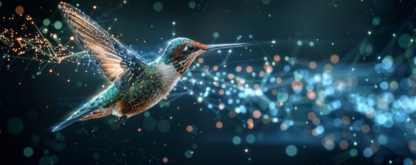 Harmonious data flow concept with Digital humming bird flying on dark-blue background - obrazy, fototapety, plakaty
