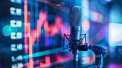Close-up of microphone on stage at conference room. banner with copy space for ad