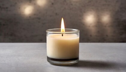 Fototapeta na wymiar Burning soy candle in glass jar on gray table. Scented wax candle for home interior. Natural handmade production.