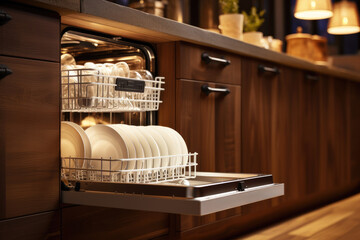 Fototapeta na wymiar Modern dishwasher with clean dishes in a cozy kitchen