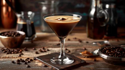 Fotobehang An Espresso Martini cocktail showcased against a dark backdrop, featuring a glass of this alcoholic beverage © Vladimir