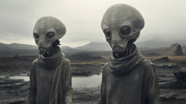 Serious and enigmatic aliens with intense gazes and mysterious features,