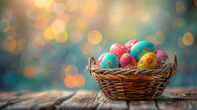 happy easter greeting card with multicolor eggs basket and blurred photo effect background	