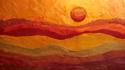 Photo sur Aluminium Brique Abstract art of a layered landscape with sun. Vibrant color palette in a modern textured painting. Sunrise and earth layers concept. Design for contemporary art piece, bold decor, vivid background 