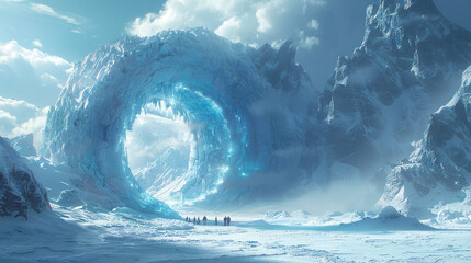 people are standing by the portal leading to an underground cave, in the style of futuristic visions, snow scenes - obrazy, fototapety, plakaty