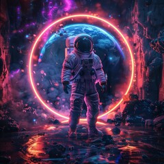astronaut in a suit going through a neon portal on a different planet in space