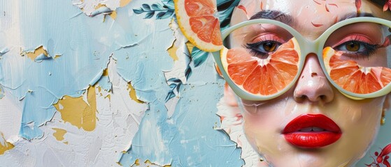 Art collage, modern design. Female face with grapefruit slices glasses and red lips. Vacation, resort, fun and summer mood.