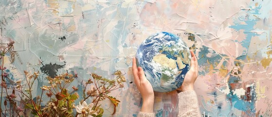 Theme of saving planet, human hands protecting our planet, contemporary art collage, modern design. Abstract earth globes in human hands. Idea, imagination, creativity. Happy Earth Day.