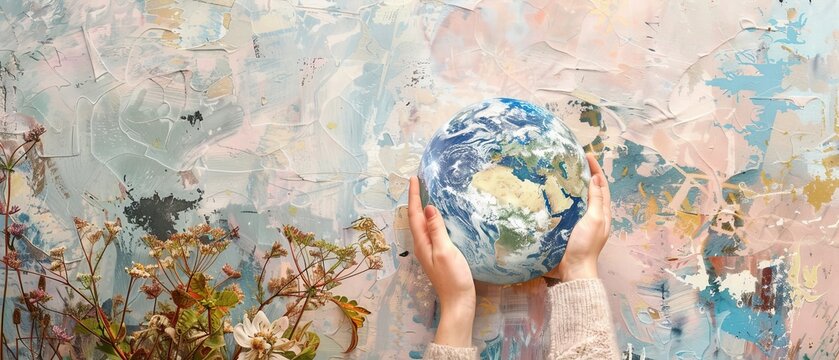 Theme of saving planet, human hands protecting our planet, contemporary art collage, modern design. Abstract earth globes in human hands. Idea, imagination, creativity. Happy Earth Day.