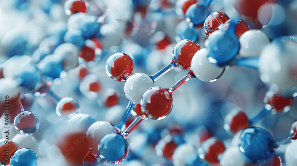 Poster three-dimensional molecular model with red and blue atoms linked by bonds, representing chemical com