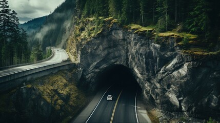 A bird's eye view of a car tunnel in the mountains. Beautiful wallpapers for tourism and advertising. Generative AI