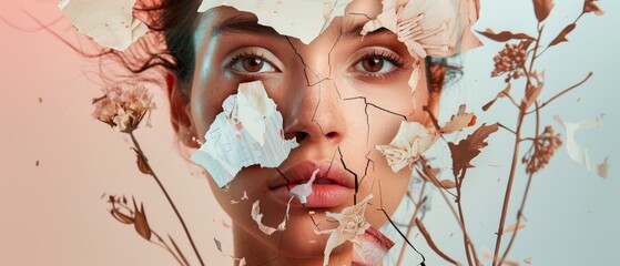 Various pieces of faces collaged together to form a portrait of a young woman. A new vision of beauty and fashion, make-up and hairstyles. A contemporary view of emotions, feelings, and thoughts.