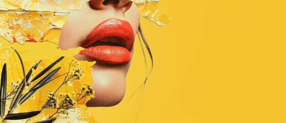An illustration of spring emotions with the human body being headed by the big lips of a female on a yellow background, with a negative space for text. Modern design. Contemporary art. A creative