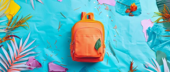 Conceptual image with a big school backpack and stationery on neon green blue background. Back to school theme. Art collage. Ad copy space. - obrazy, fototapety, plakaty