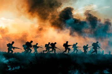 Fototapeta premium silhouettes of soldiers fighting in a war with smoke in the background