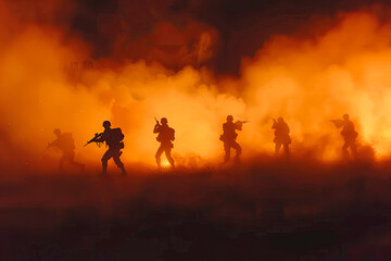 Fototapeta premium silhouettes of soldiers fighting in a war with smoke in the background