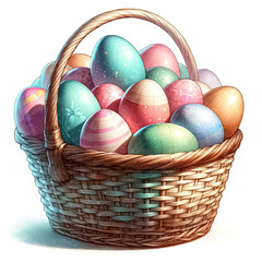 An illustration of pastel colors Easter eggs in a basket, rendered in watercolor style
