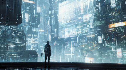 A solitary figure stands before a sprawling, neon-lit futuristic cityscape that seems to stretch into infinity, evoking a sense of discovery and isolation within a vast technological metropolis