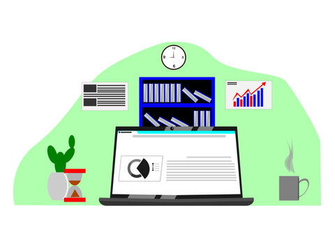 laptop workspace with clock, books, and chart clip art preview