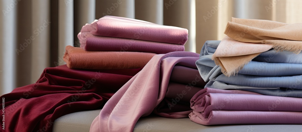 Poster capture of a group of neatly folded blankets arranged on a chair in a close-up shot