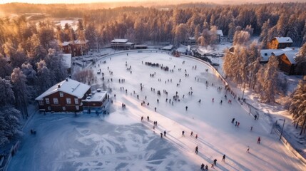 Aerial view of the outdoor huge ice rink in the Oulunkyla neighborhood of Helsinki