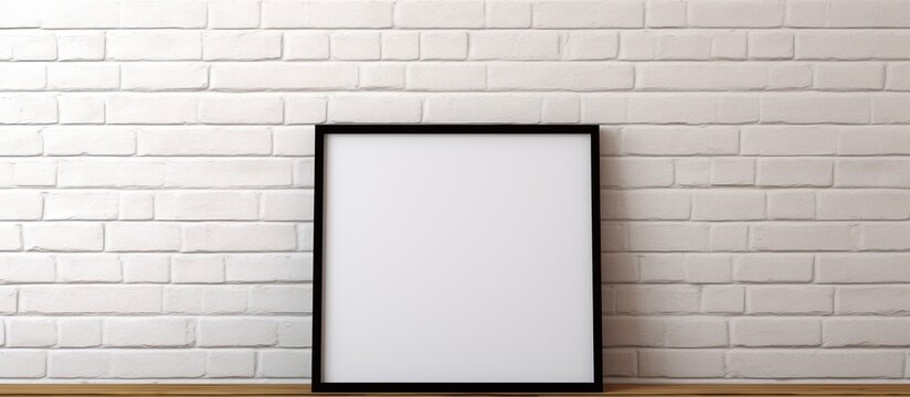 A picture frame with no image is placed on a wooden shelf against a rough brick wall