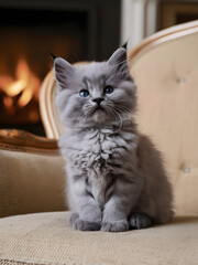 Fototapeta premium A delightful photo of a fluffy gray British short hair kitten, with adorable blue eyes and perky ears.