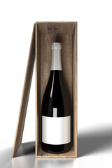Bottle of wine with band on front of  the wood box, png file.