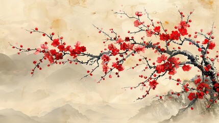 A natural landscape background with Asian traditional icon textures. A branch with flower make in a vintage style. Flower pattern. Brush stroke watercolor texture with Chinese painting style.