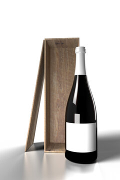 Bottle of wine with band on front of  the wood box, Png file