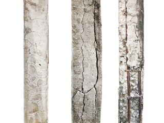 Group of Cracked concrete columns affecting the strength of the building structure isolated on...