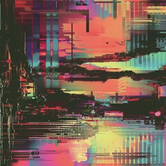 Digital disruption in art with glitch aesthetic and vibrant colors in a city environment