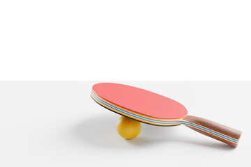 A racket for table tennis, ping pong and a ball lie on the table. 3d rendering