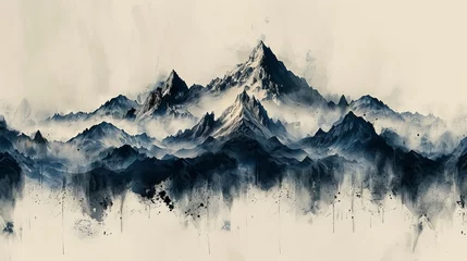 Poster Brush stroke texture with Japanese mountain landscape pattern in vintage style. Abstract art landscape banner design with watercolor texture. © Mark
