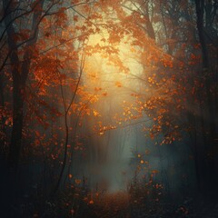 Enchanted autumn forest scene with golden light filtering through fog