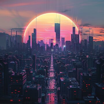 Futuristic Cityscape at Dusk, Neon Glow and Rising Sun, Urban Sci-fi Scene, Retrofuturism Concept